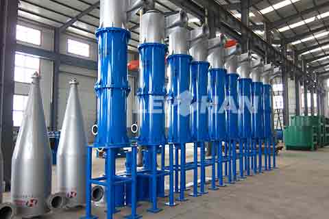 <strong>High Density Cleaner</strong> is used in paper pulping process. It can remove various kinds of heavy impurities, and it is a common used equipment since it has the advantages of high cleaning efficiency, low loss of fiber and etc. <h3>Working Principle</h3> High Density Cleaner is an infrequent pulping equipment which doesn't need a motor. It take advantage of the different proportion of fiber and impurities to separate them.Slurry enters cleaner in the tangent direction from feed pulp. Because of the different eccentricity,heavy impurities is pushed toward shell wall, and with the action of gravity, it finally falls down to the sediment trough. At the same time fiber gradually runs to central low-pressure area and spiral rise after arriving at the bottom. <h3>Advantages</h3> <p>1.Operating consistency of can reach 2% during pulping process, which reduces the loss of fiber and improves production capacity. The needed segments and numbers of cleaner reduce accordingly.In other words, it effectively reduces pulping equipment<br /> 2.High cleaning efficiency avoids the accumulation of ash content in latter sections.<br /> 3.High reliability of operation; would not be blocked. </p> Leizhan provides various kinds of paper and pulping equipment, welcome to contact us for more details.